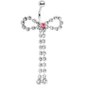Pink Clear Gem Dainty Graceful Bow With Dangle Belly Ring