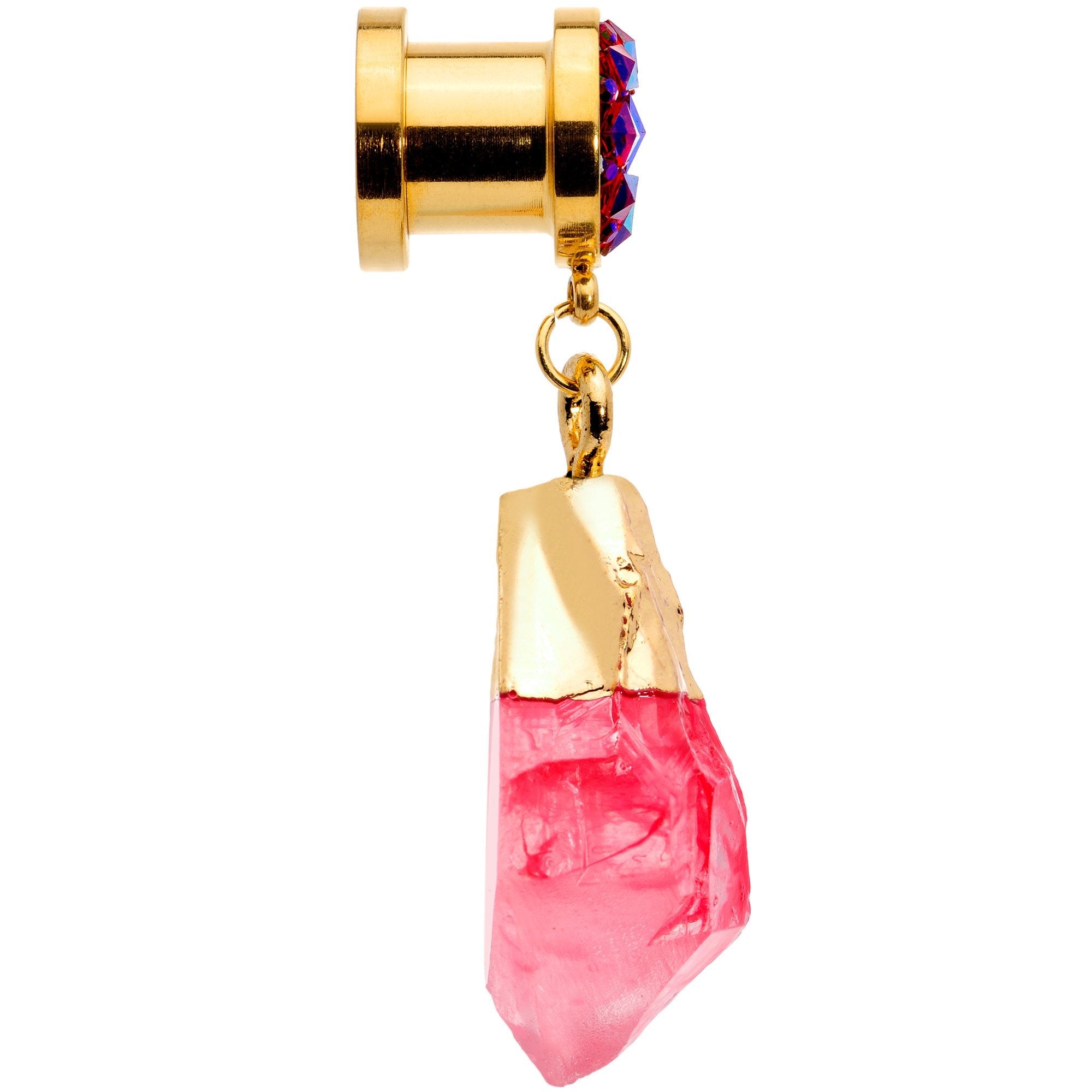 Pink Faux Druzy Quartz Gold Tone Dangle Screw Fit Plug Set 8mm to 16mm