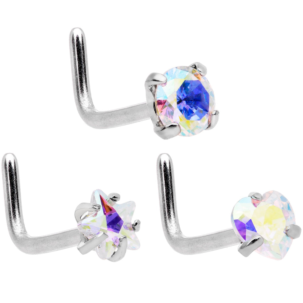 20G 5/16 Aurora Black Gem Variety L Shaped Nose Ring 6 Pack Set