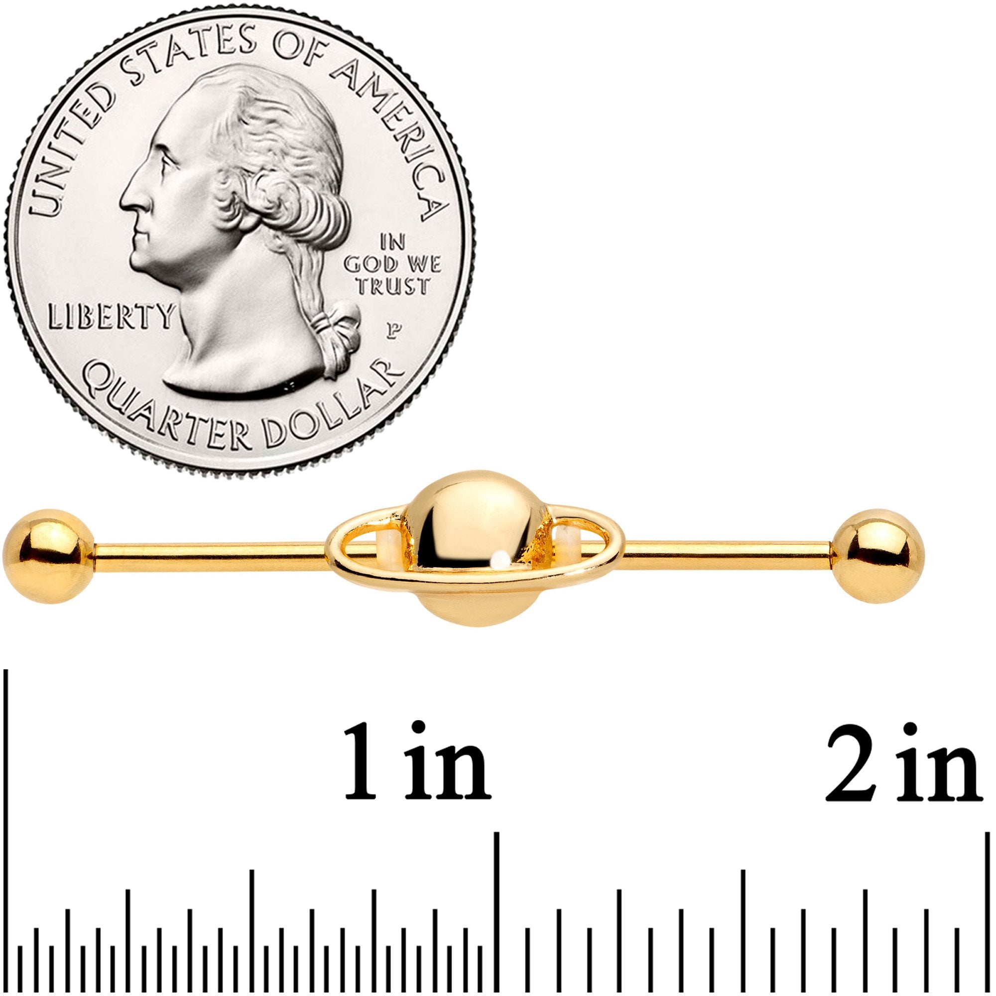 14G Gold PVD Alien Spaceship Industrial Barbell 38mm