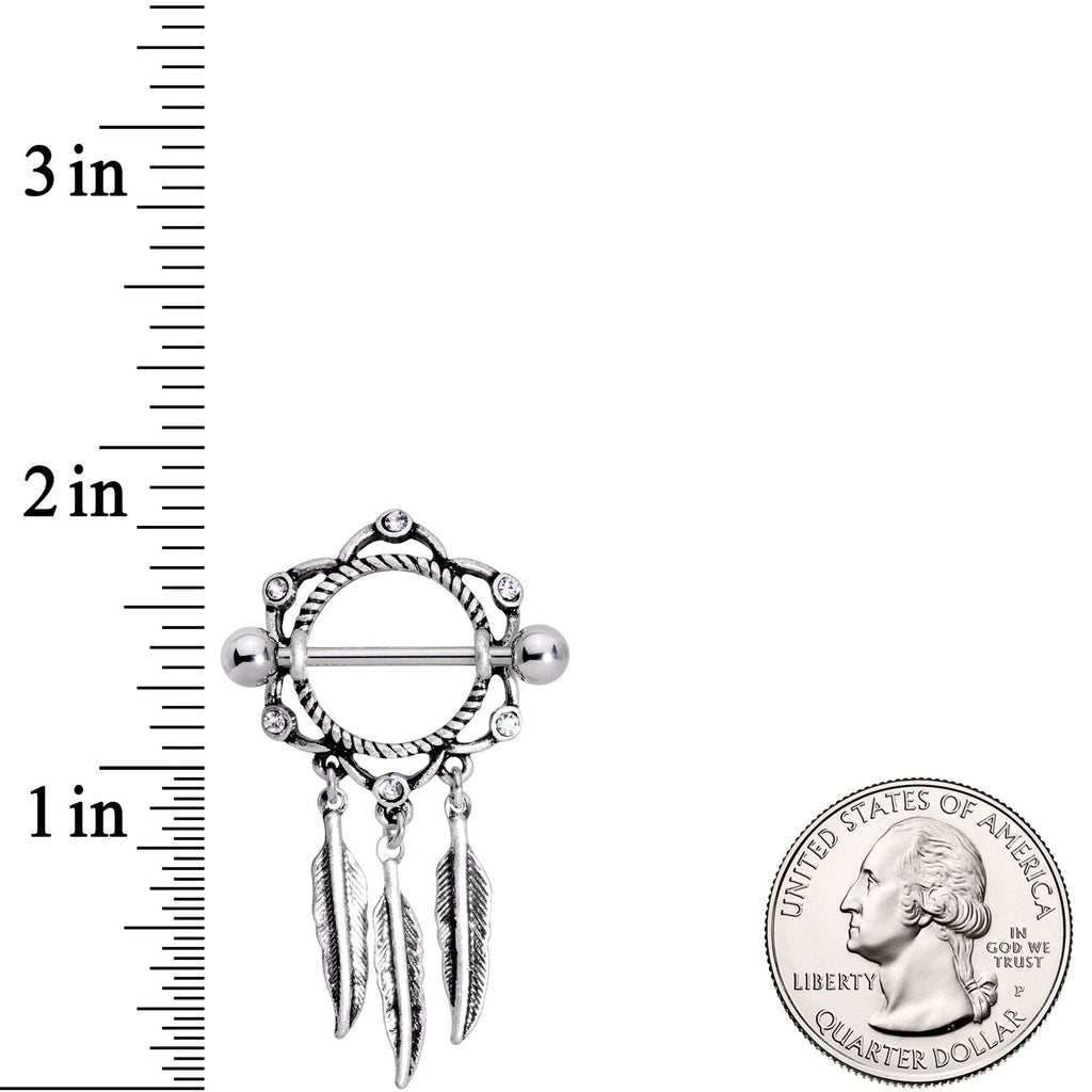 14G 9/16 Clear Gem Lotus Flower Feather Dangle Nipple Shield Set