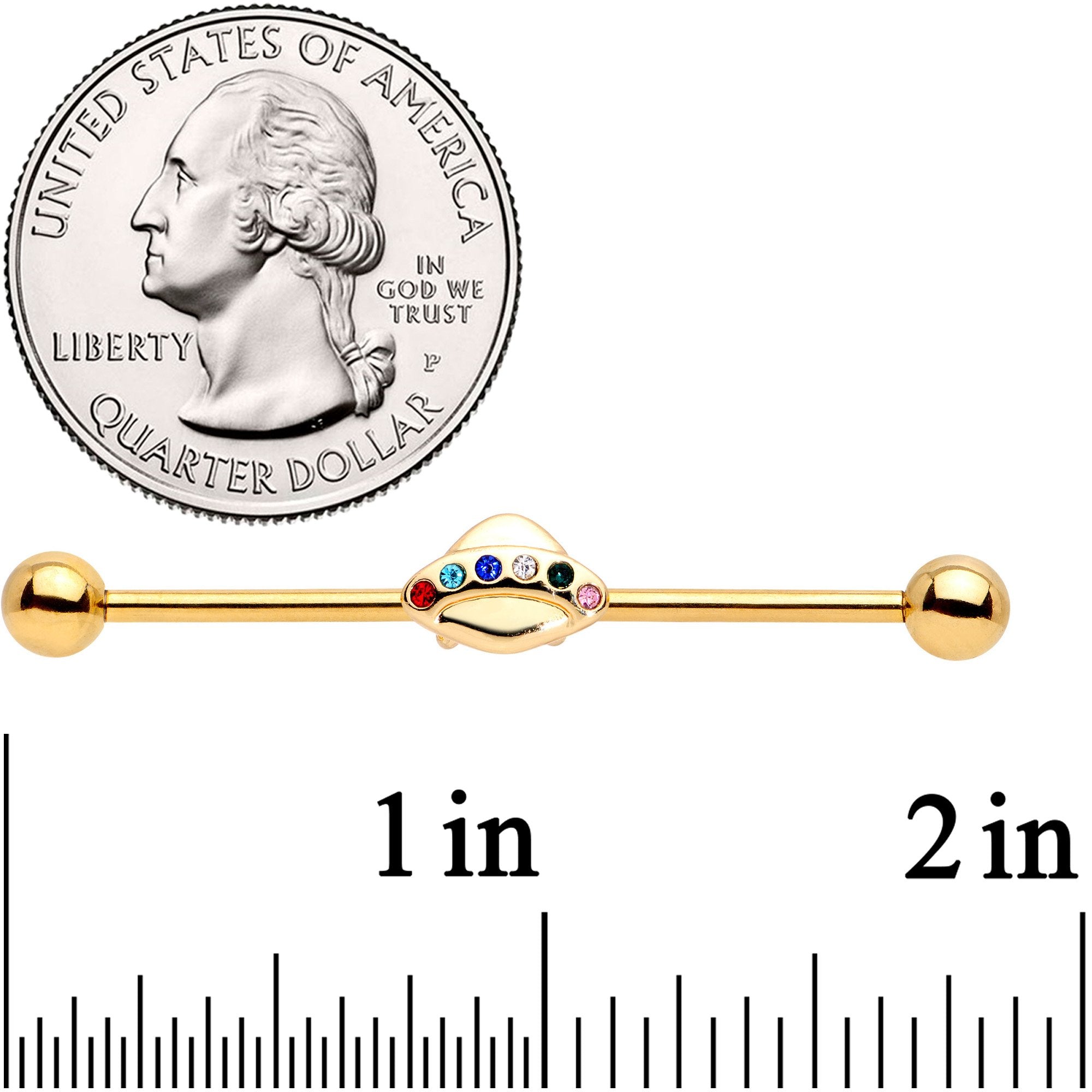 14G Multicolor Gem Gold Tone UFO Industrial Barbell 38mm