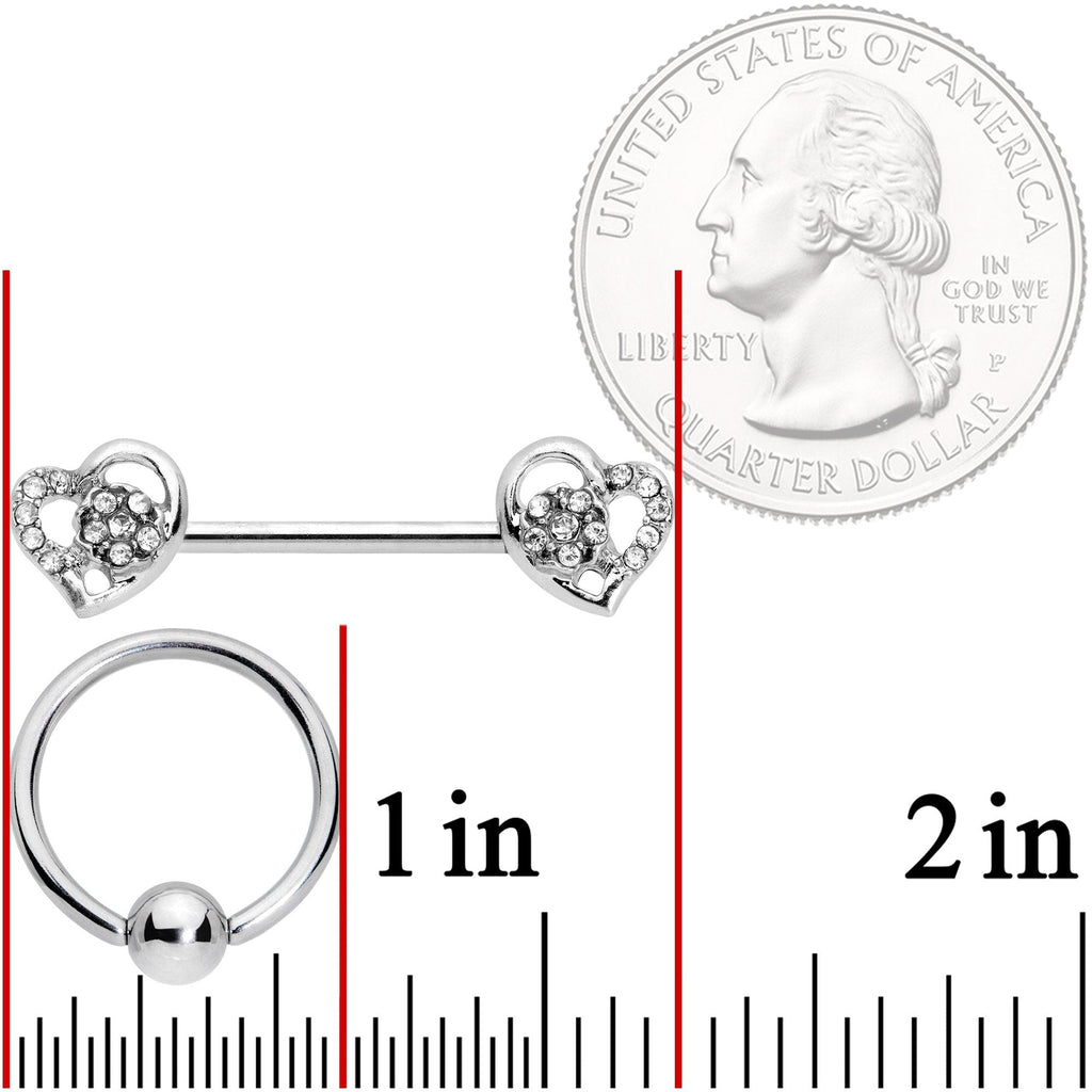 14G 9/16 5/16 Clear Gem Hearts BCR Barbell Nipple Ring Set
