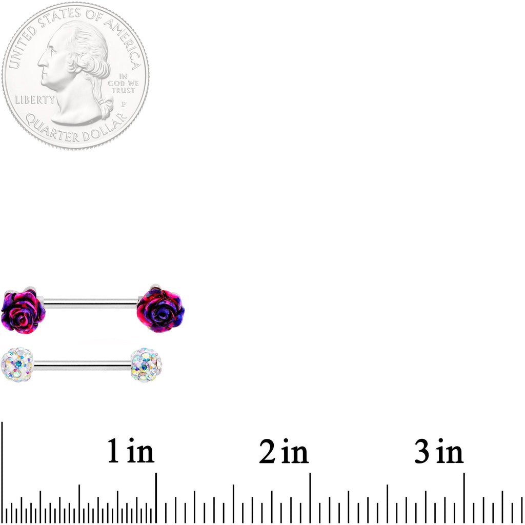 14G 5/8 9/16 Clear Gem Multi Color Roses Barbell Nipple Ring Set