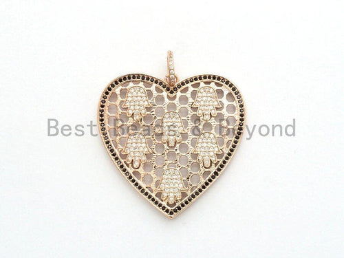 CZ Micro Pave Heart Pendant with hamsa hand, Large Heart Shaped Pendant, Hamsa Hand,Gold/Rose Gold/Silver/Gunmetal plated, 40x41mm, Sku#F558