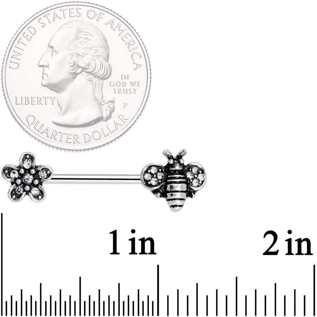 14G 5/8 Clear Gem Bee and Blossom Barbell Nipple Ring Set