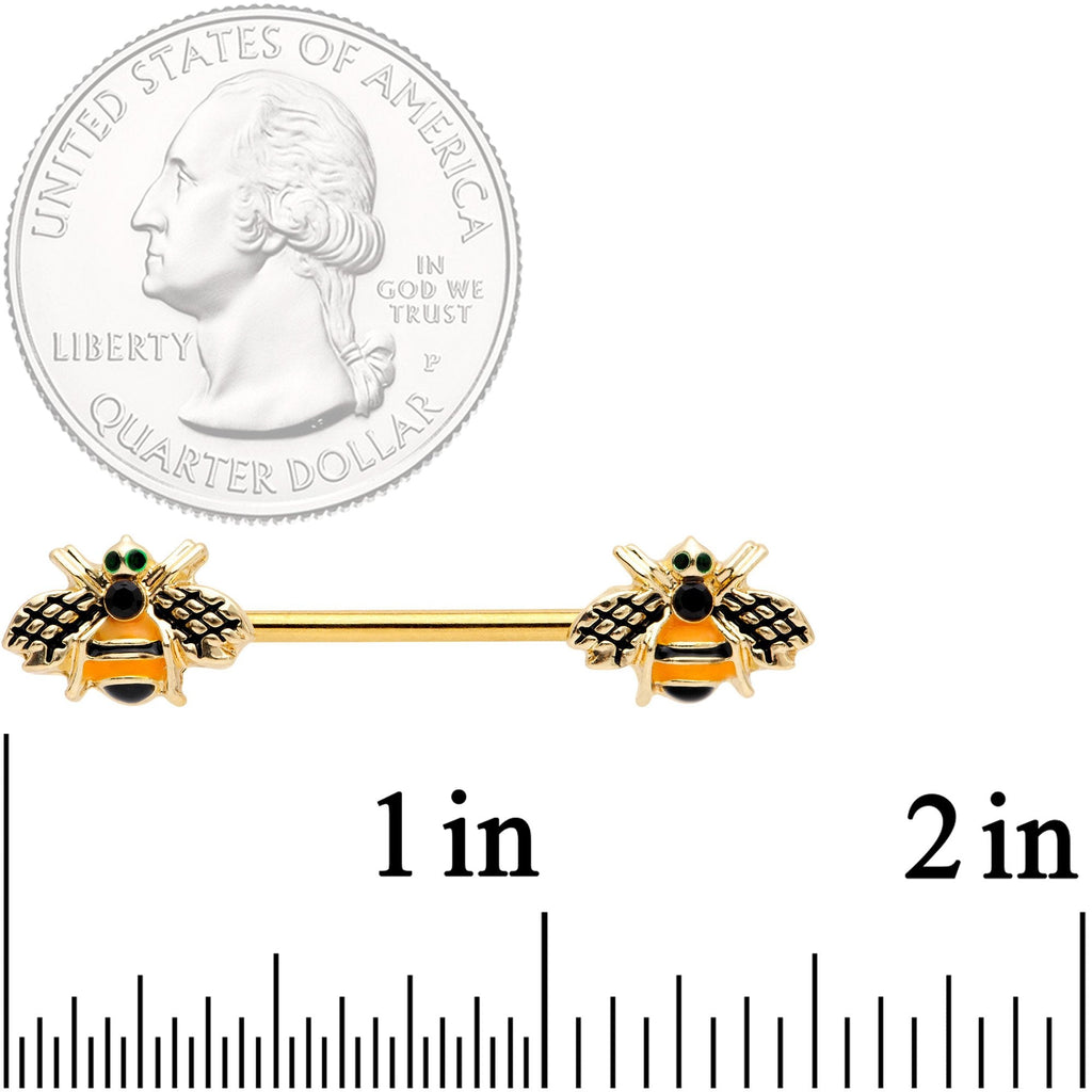 14G 9/16 Black Gem Gold Tone Bumblebees Barbell Nipple Ring Set