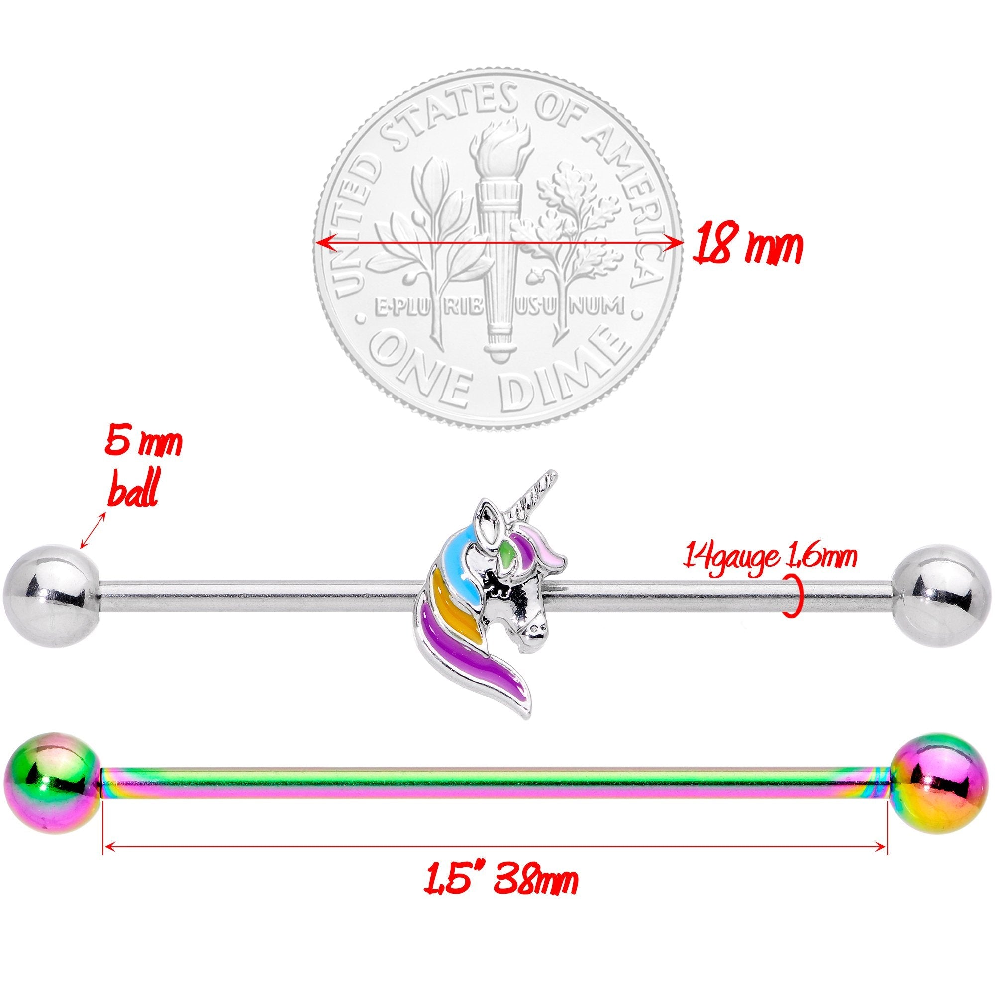 14G Unicorn Rainbow Anodized Industrial Barbell Set 38mm