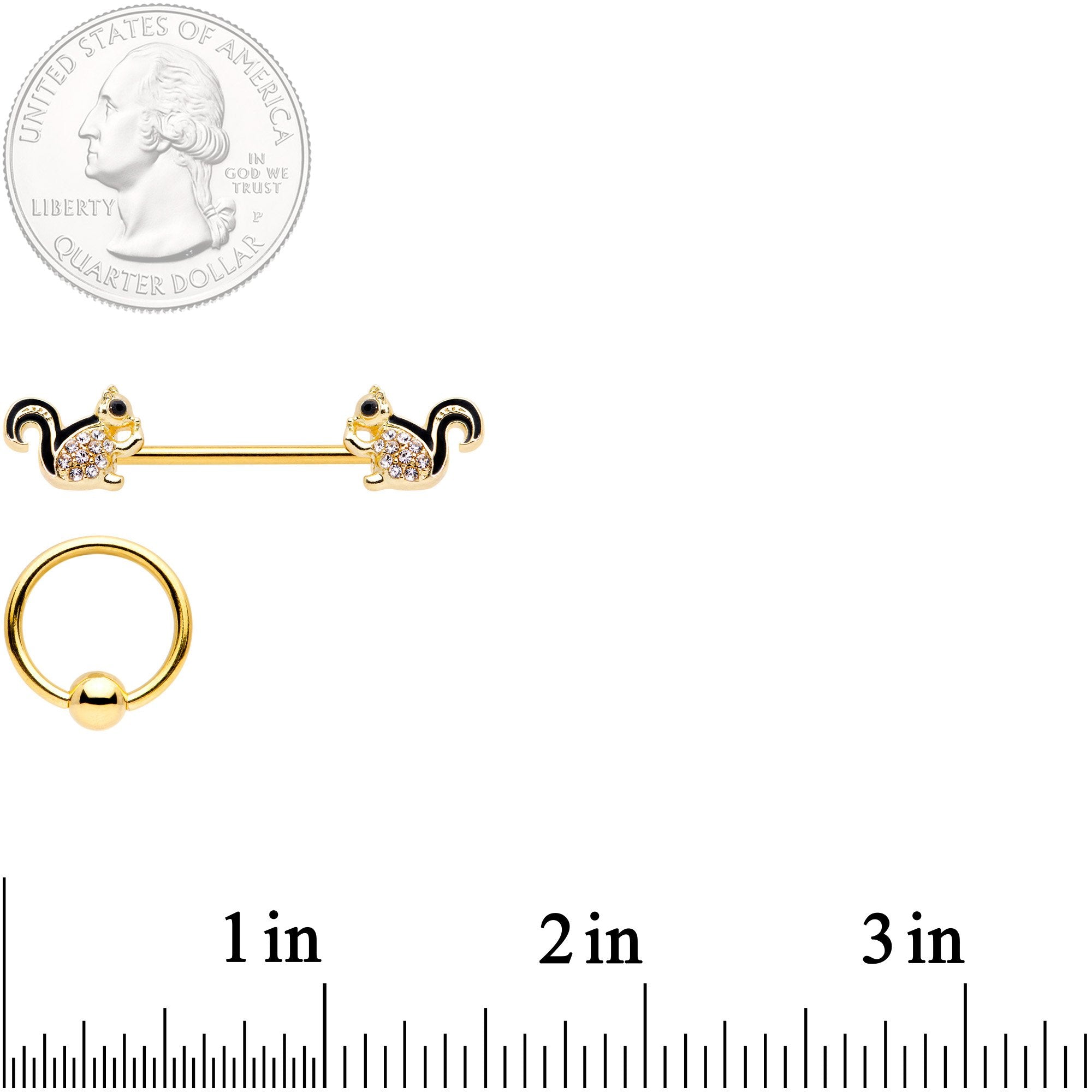 14G Clear Gem Gold Tone Squirrel BCR Barbell Nipple Ring Set of 4