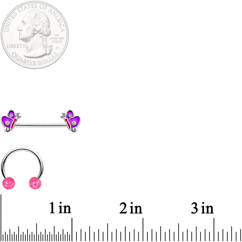 14G Pink Purple Butterfly Horseshoe Barbell Nipple Ring Set of 4