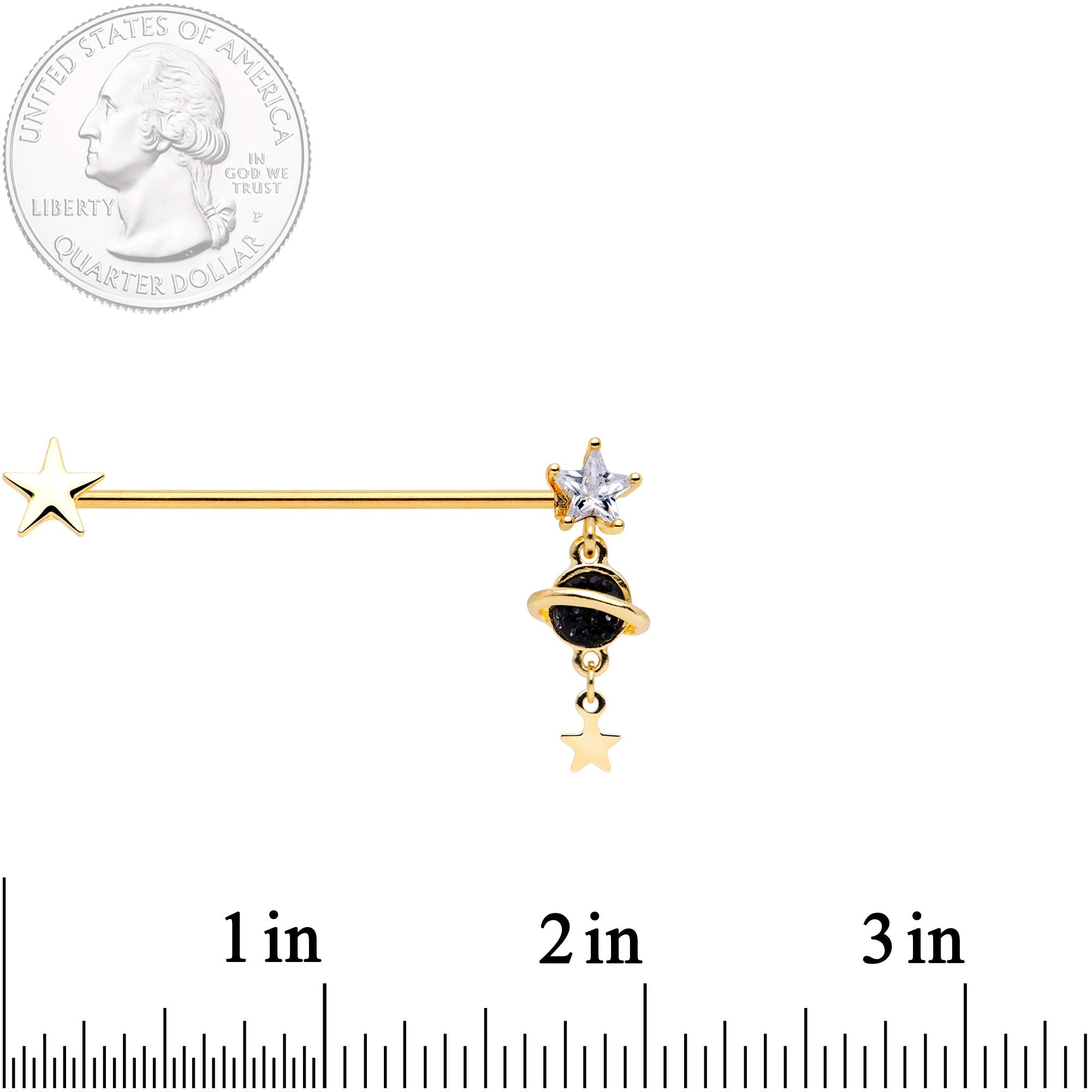 14G Clear CZ Gem Gold Tone Saturn Dangle Industrial Barbell 38mm