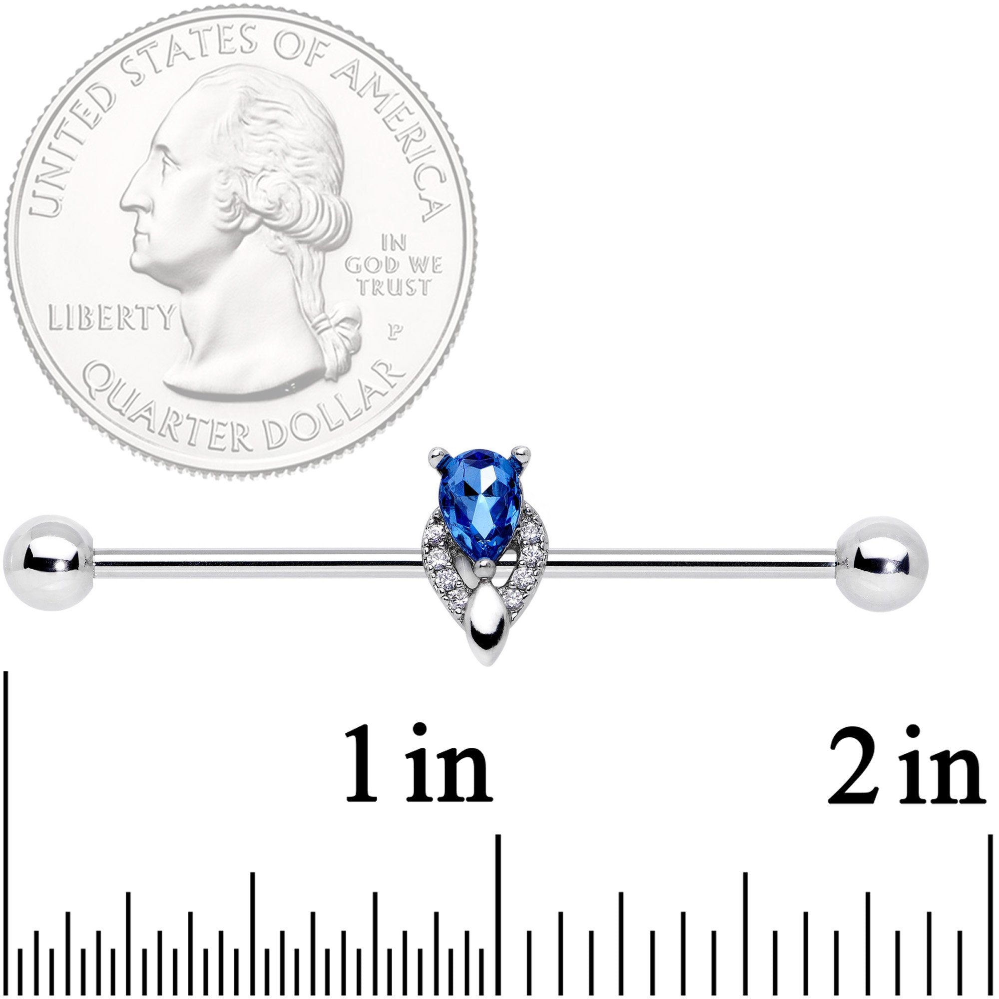 14G Clear Blue Teardrop Gem Art Deco Industrial Barbell 38mm