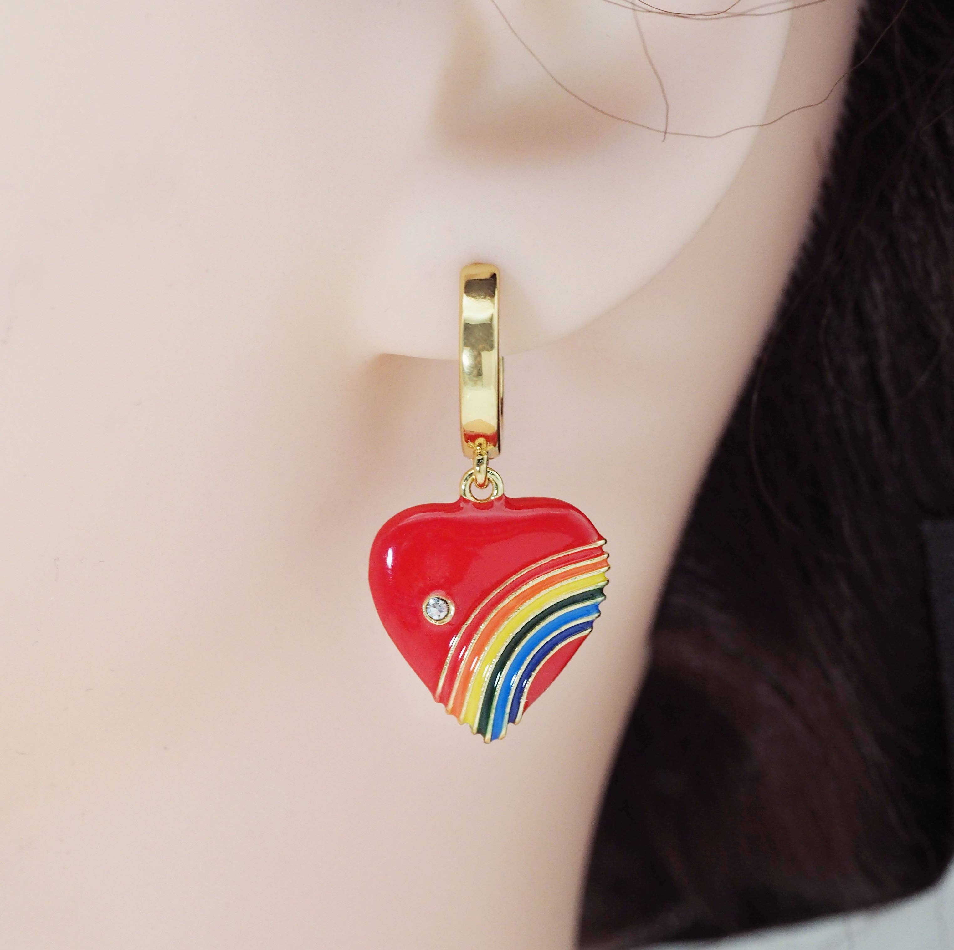 Enamel Rainbow Heart Hoop Earrings, Sku#EF227