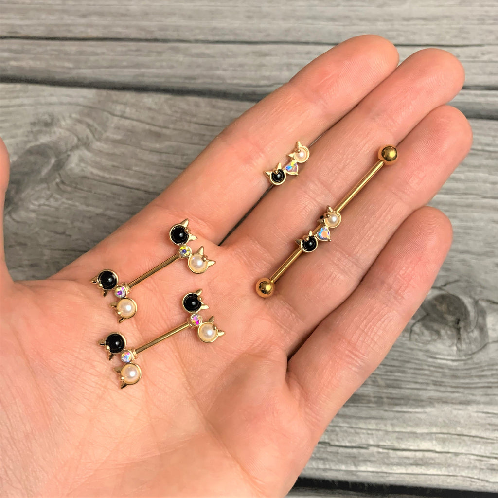 16G 1/4 Black White CZ Gem Gold Tone Kitty Cat Luv Cartilage Tragus