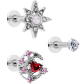 16G 5/16 White Faux Opal Moon Star Labret Monroe Tragus Set of 3