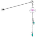 14G Clear Green Gem Flower Chain Dangle Industrial Barbell 38mm