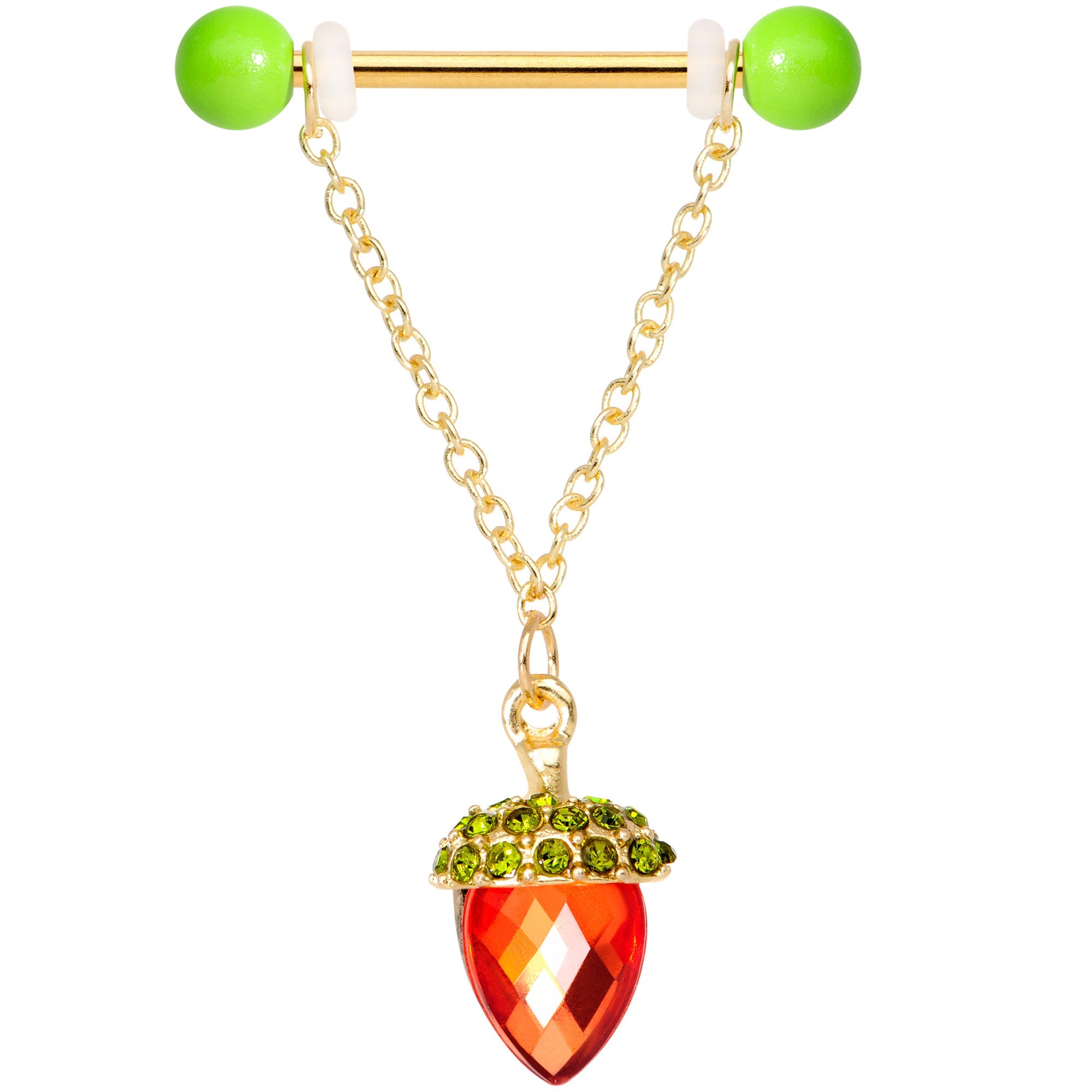 14G 9/16 Red Green Gem Oak Leaf Acorn Barbell Nipple Ring Set