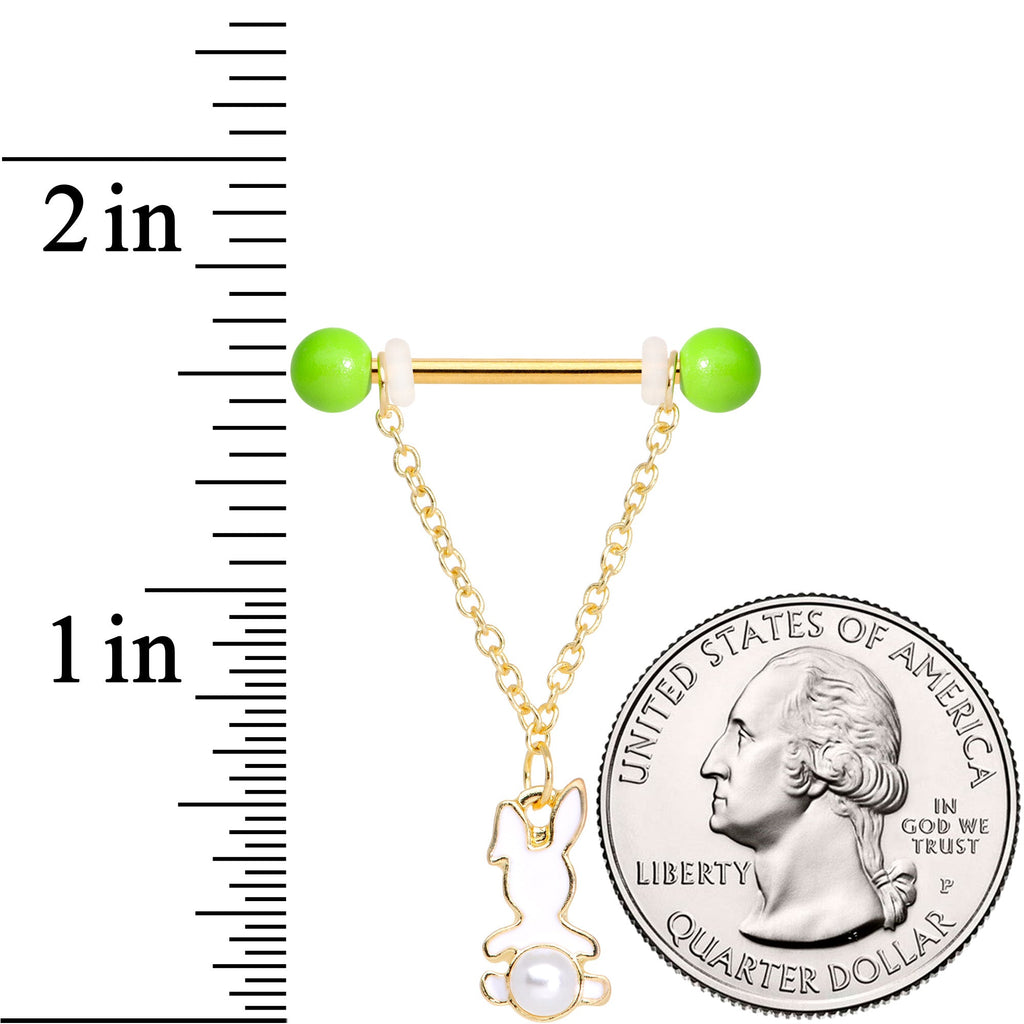 14G 9/16 Green Gem Gold Tone Bunny Dangle Barbell Nipple Ring Set
