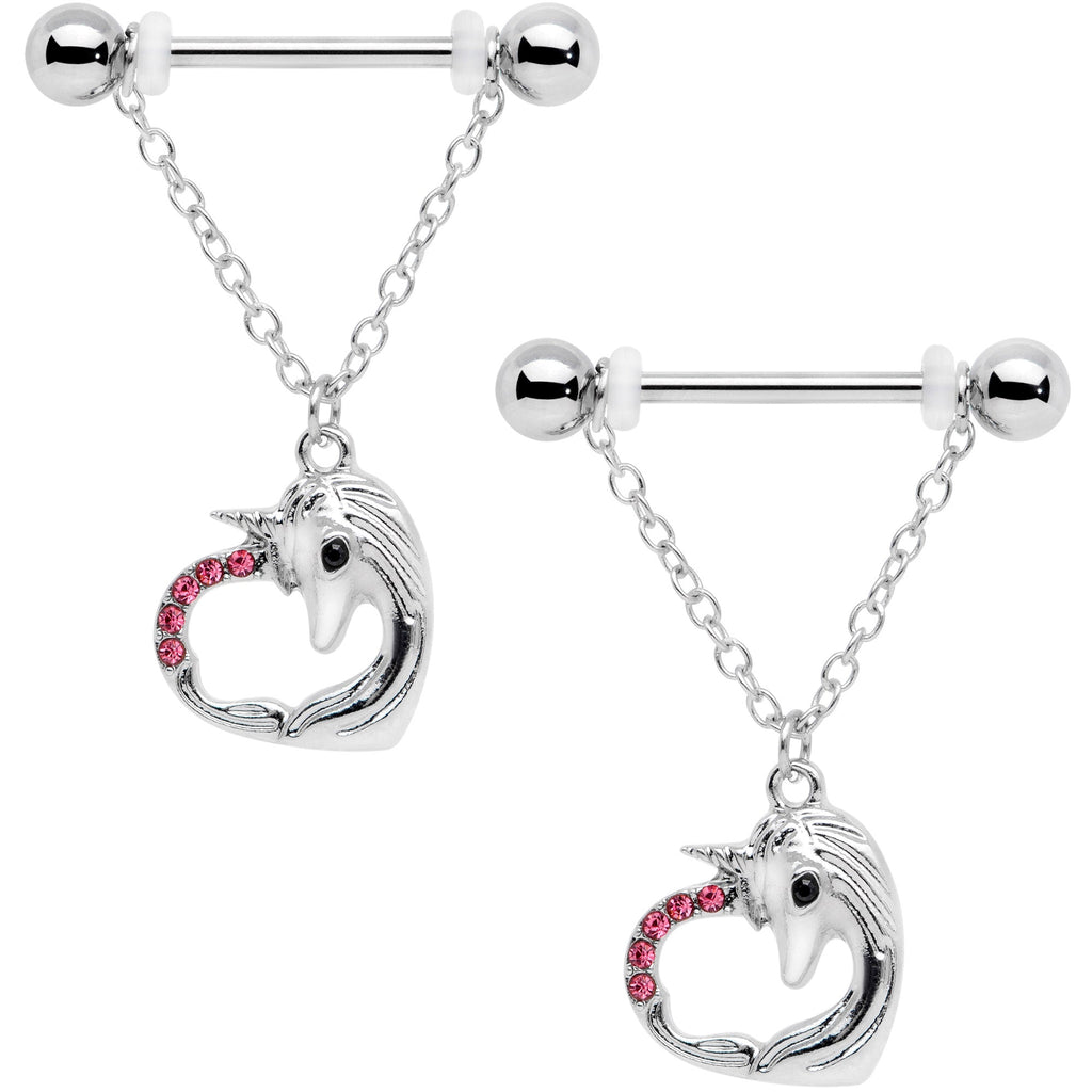 14G 5/8 Pink Gem Unicorn Heart Dangle Barbell Nipple Ring Set