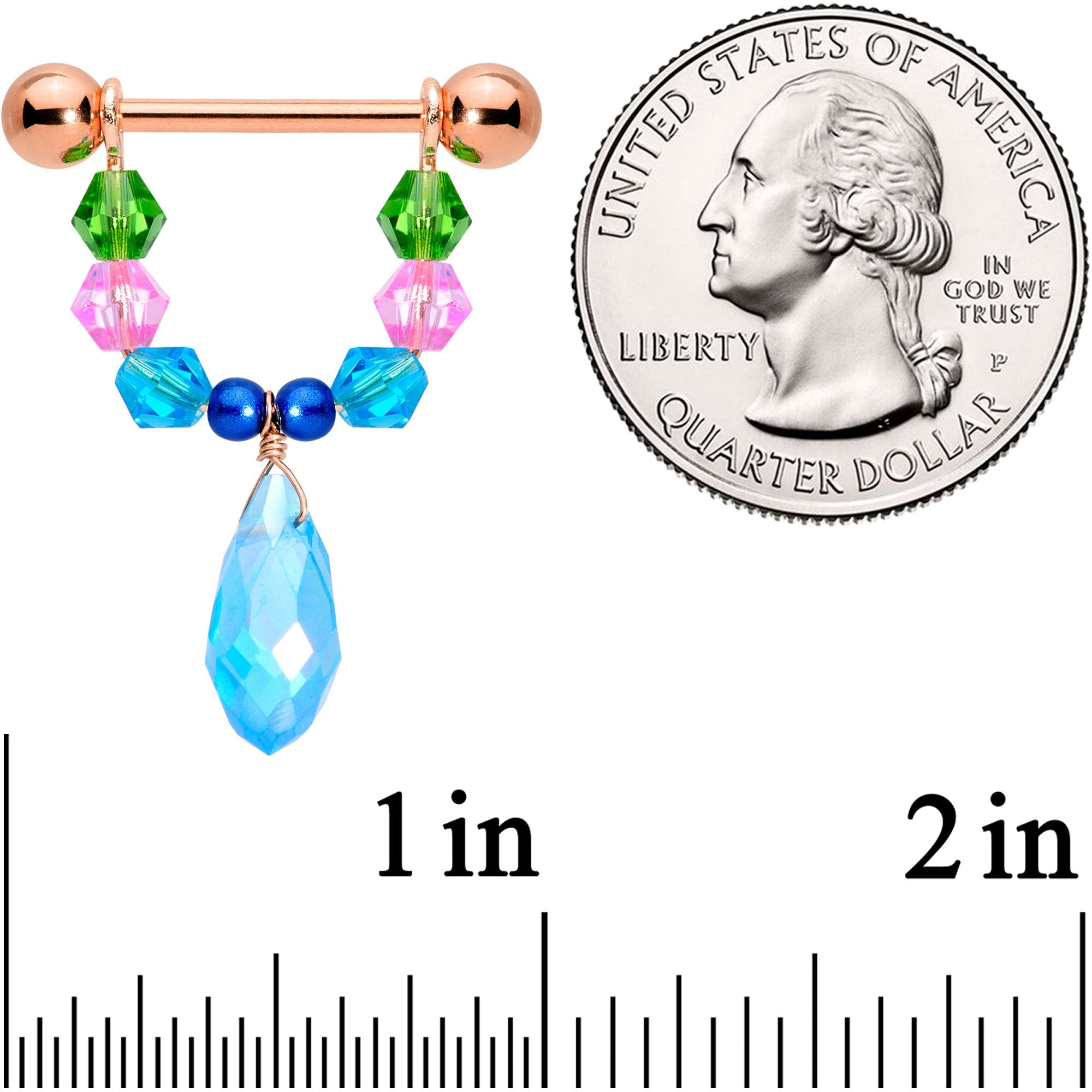 14G 5/8 Blue Pink Green Gem Rose Gold Tone Drop Nipple Ring Set