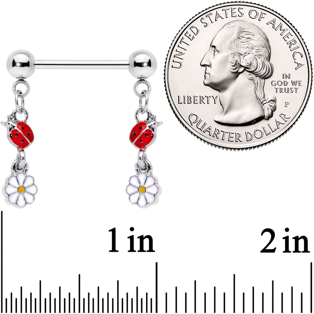 14G 5/8 Red White Ladybug Flower Dangle Barbell Nipple Ring Set