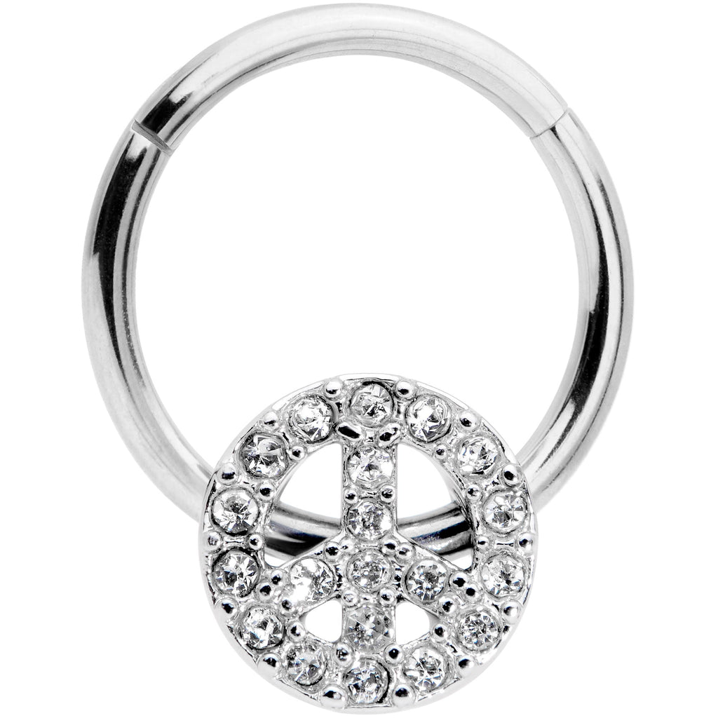 16G 3/8 Clear Gem Retro Peace Sign Hinged Segment Ring
