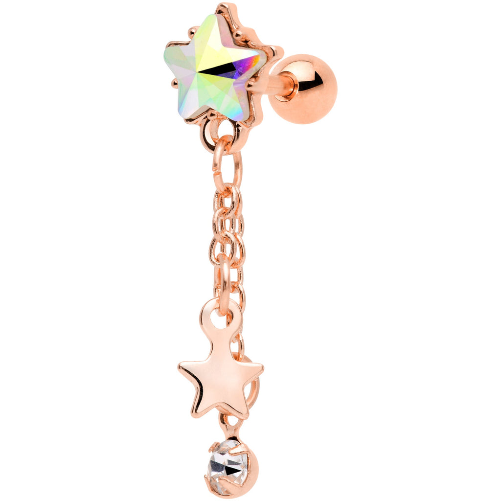 16G 1/4 Aurora Clear Gem Rose Gold Tone Star Dangle Cartilage