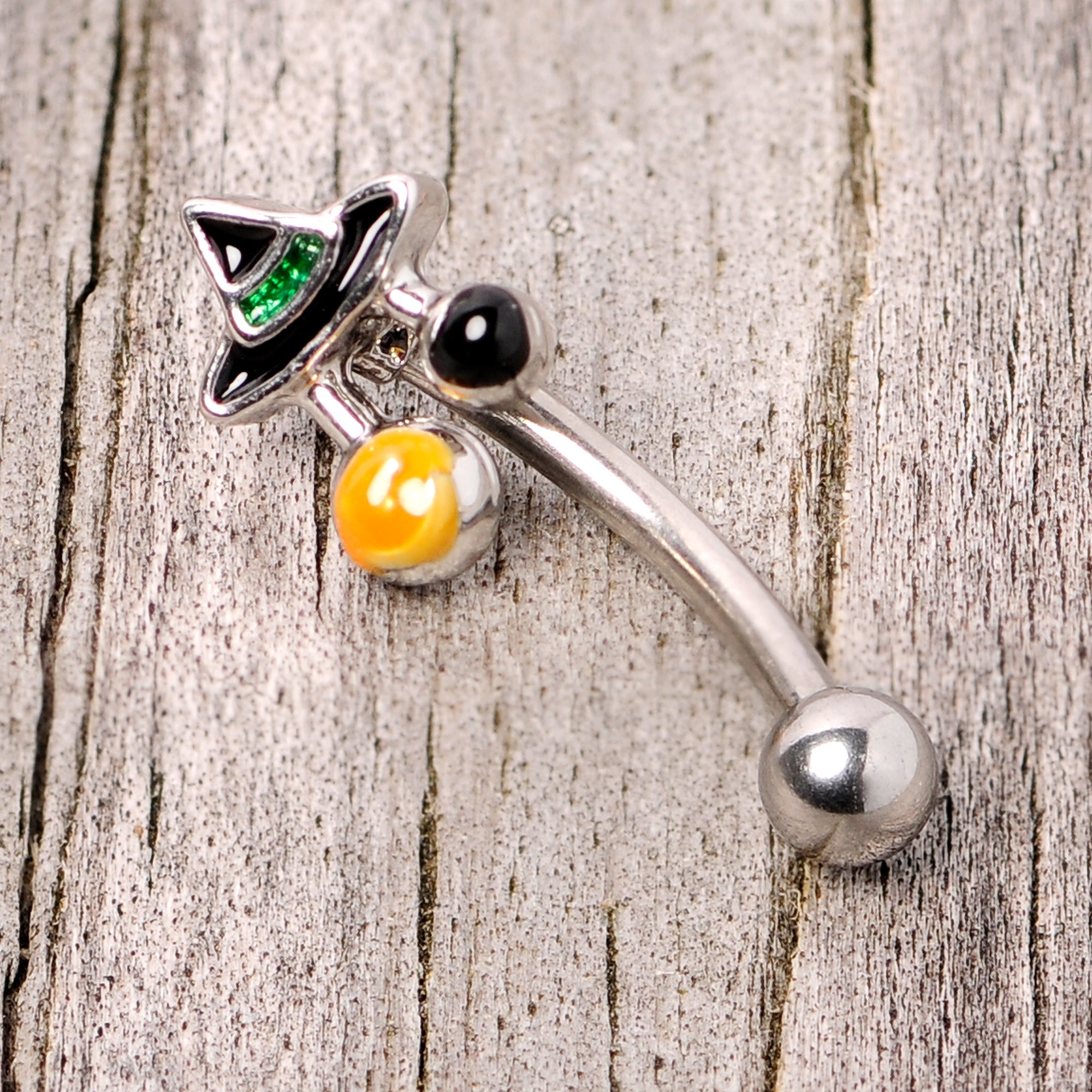 16G 5/16 Black Green Witches Hat Halloween Curved Eyebrow Ring