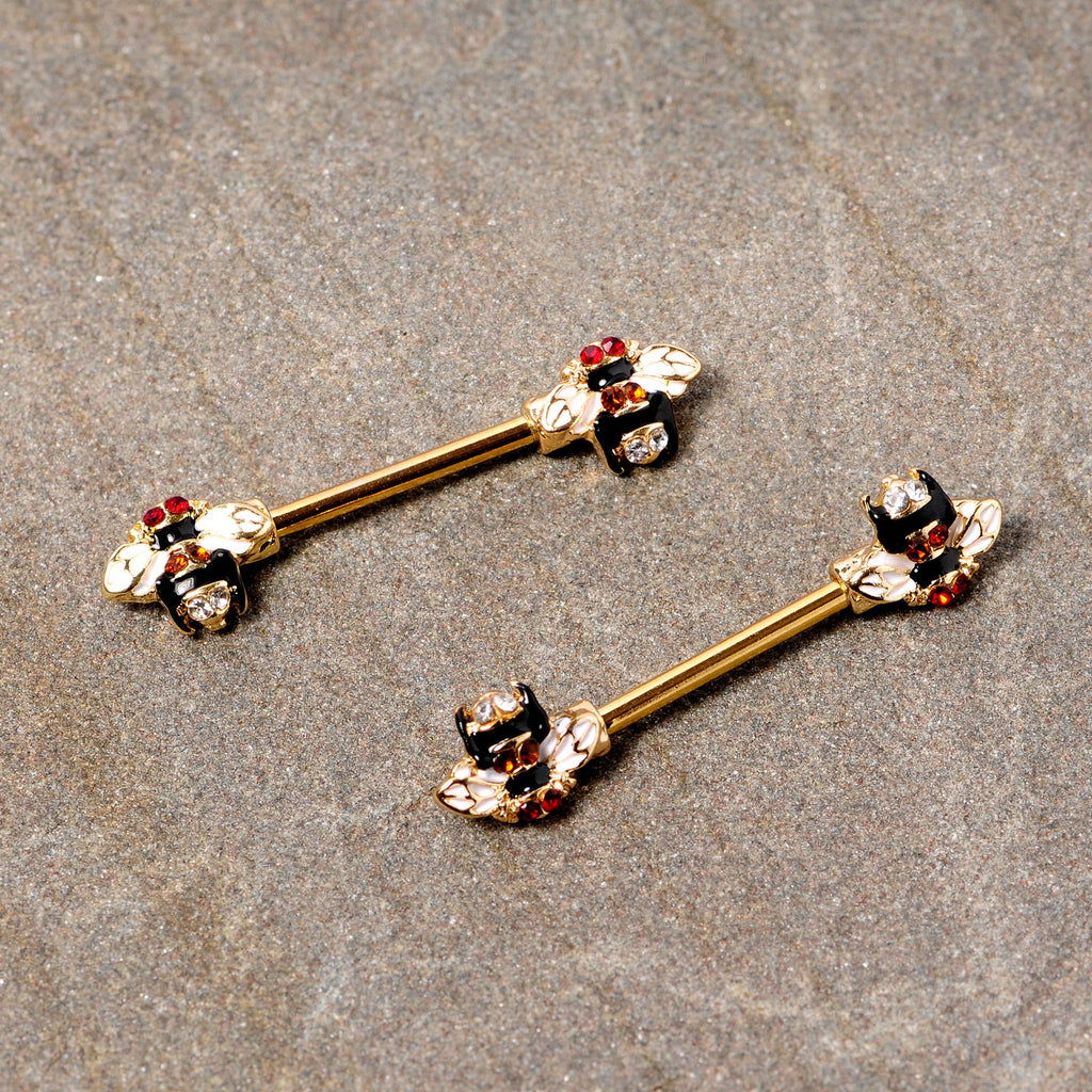 14G 9/16 Clear Yellow Gem Gold Tone Bee Barbell Nipple Ring Set