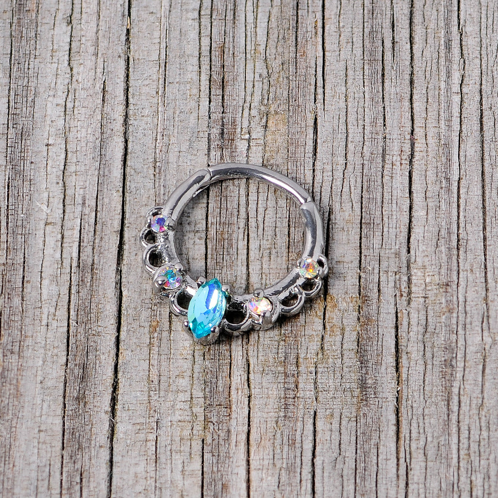 16G 3/8 Aurora Aqua CZ Gem Lacy Septum Clicker