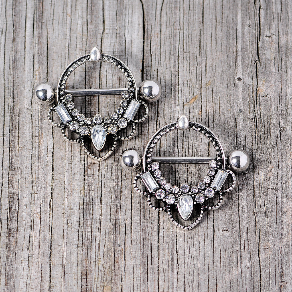14G 5/8 Clear Gem Filigree Nipple Shield Set