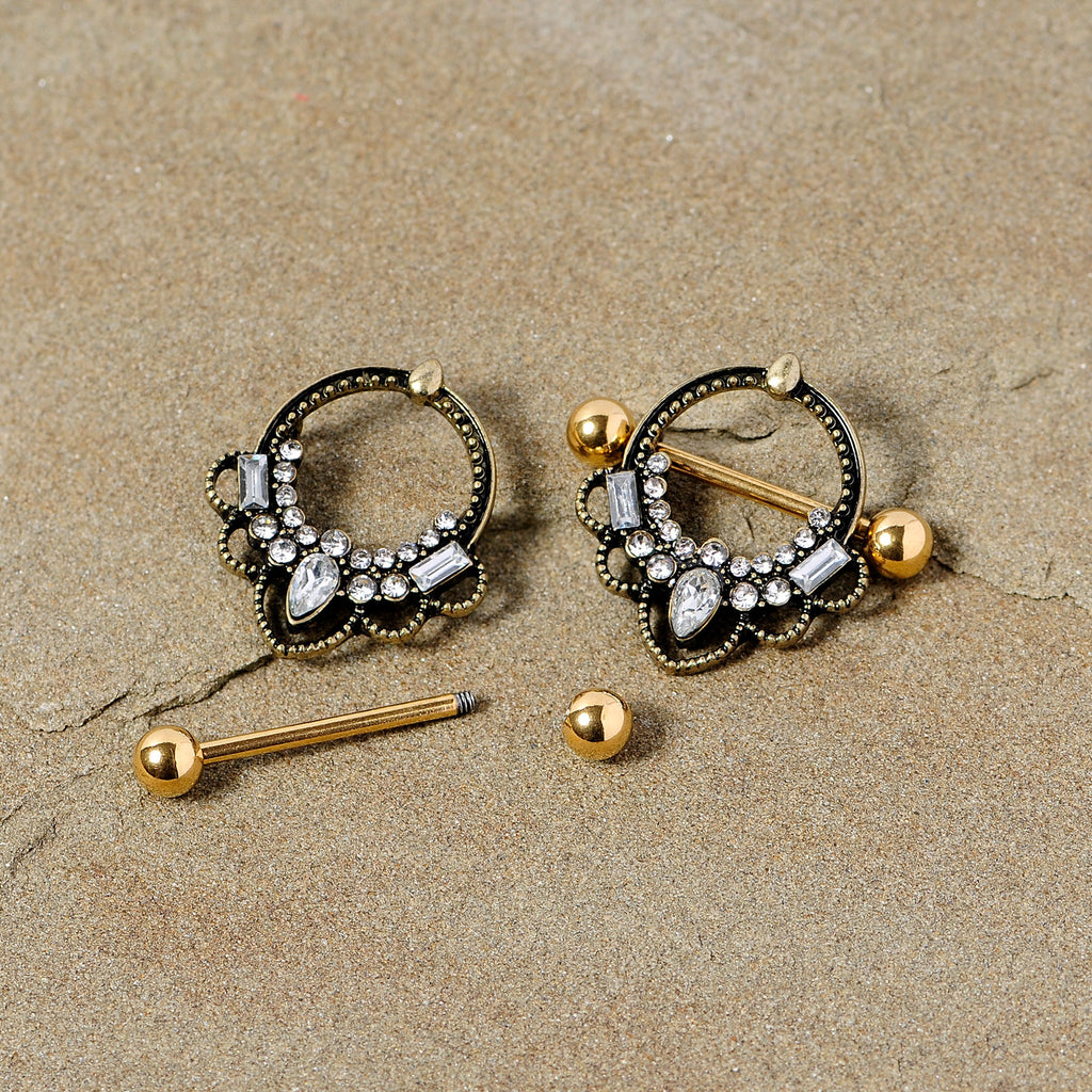 14G 5/8 Clear Gem Gold Tone Filigree Nipple Shield Set