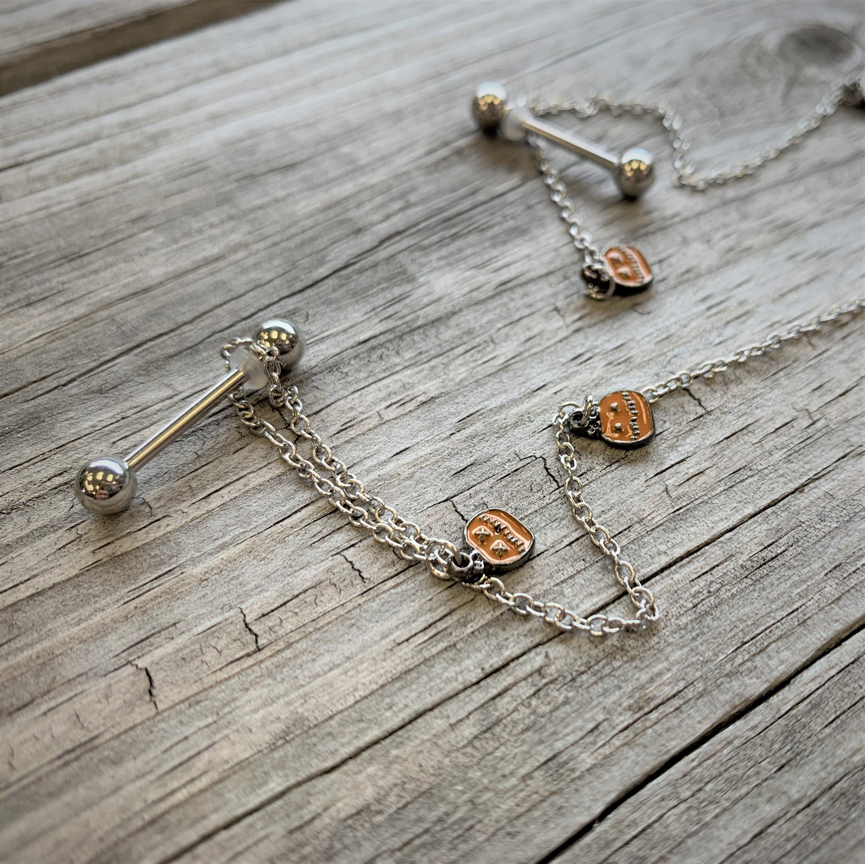 14G 5/8 Orange Pumpkin Patch Halloween Dangle Nipple Chain