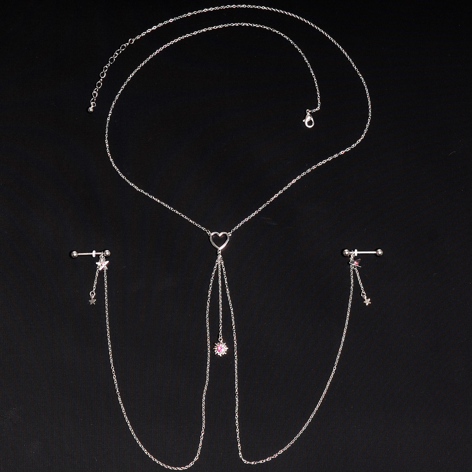 14G 5/8 Pink Gem Sun Heart Star Nipple Chain Necklace