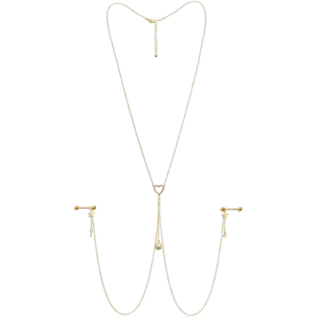 14G 5/8 Clear Gem Gold Tone Sun Heart Star Nipple Chain Necklace