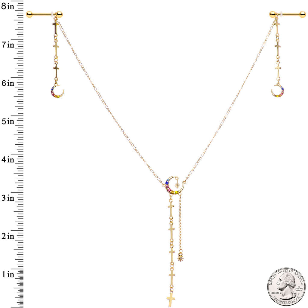 14G 9/16 Blue Pink Gem Gold Tone Moon Cross Dangle Nipple Chain