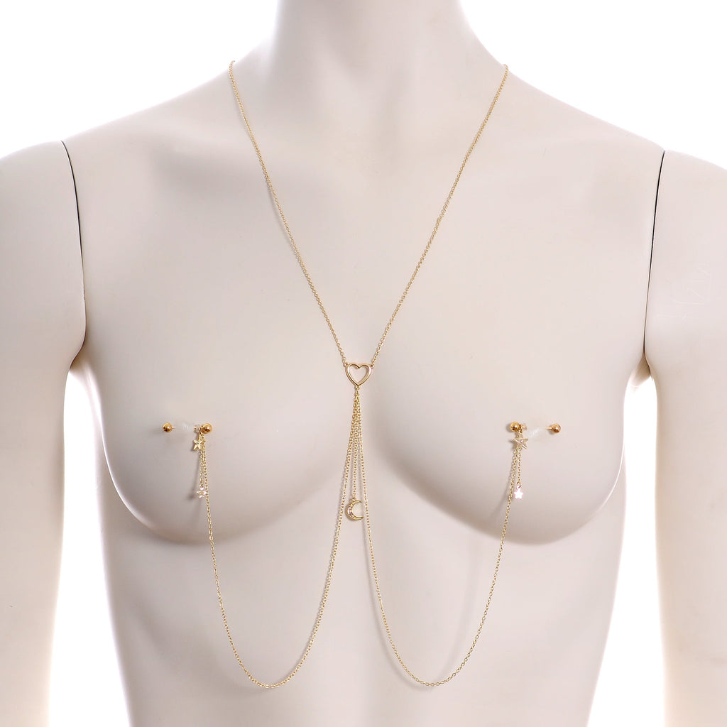 14G 5/8 Aurora Gem Gold Tone Heart Star Nipple Chain Necklace
