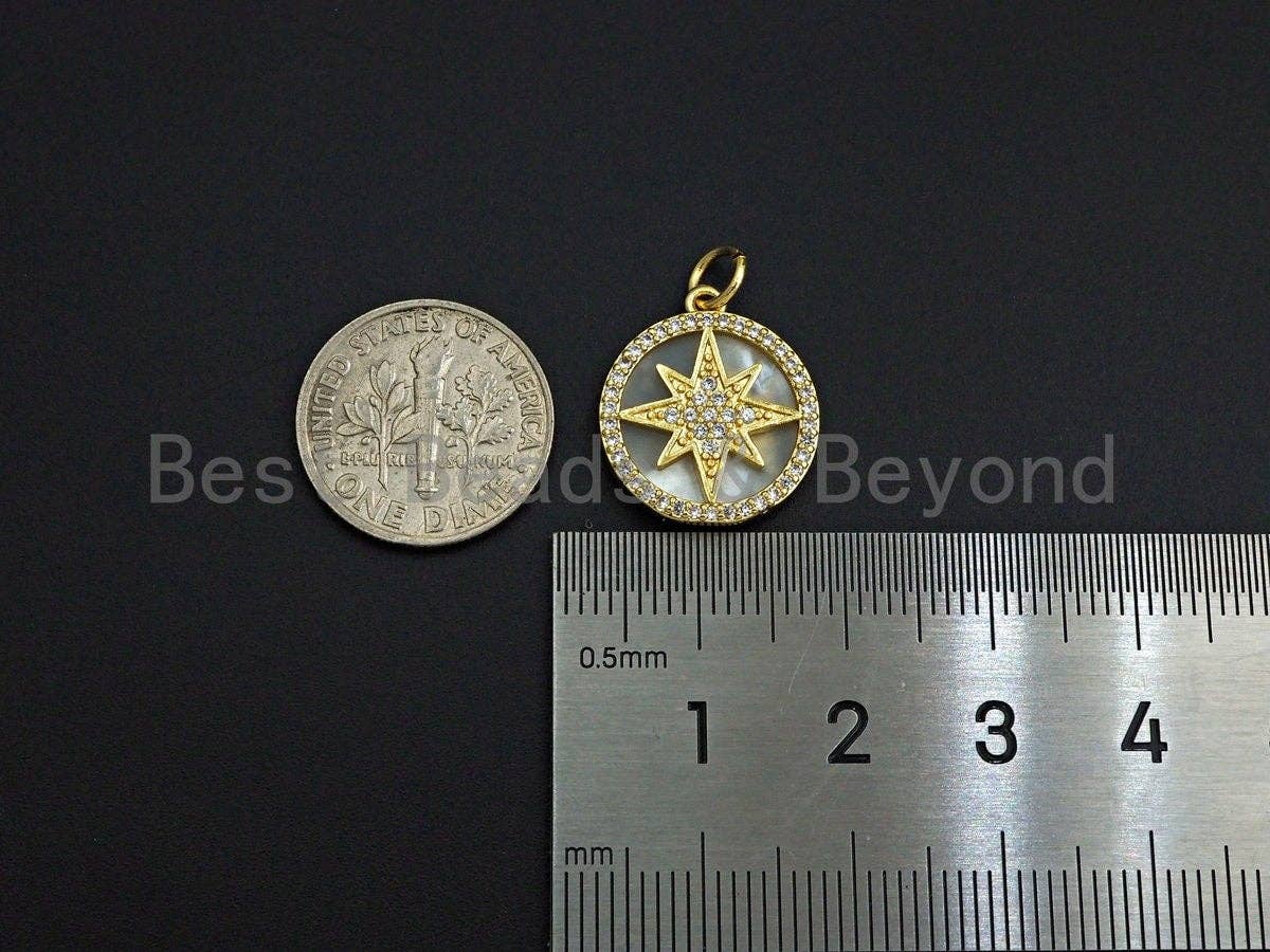 Mother-of-pearl Inlay North Star Round Pendant/Charm, North Star Round Coin Cubic Zirconia Pendant,17x15mm,Sku#Z1097