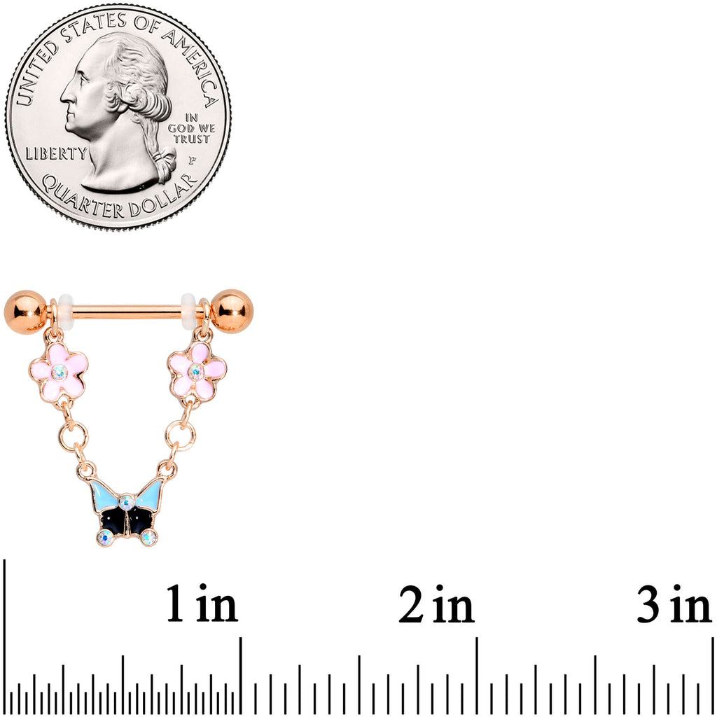 14G 5/8 Aurora Gem Rose Gold Tone Flower Dangle Nipple Ring Set