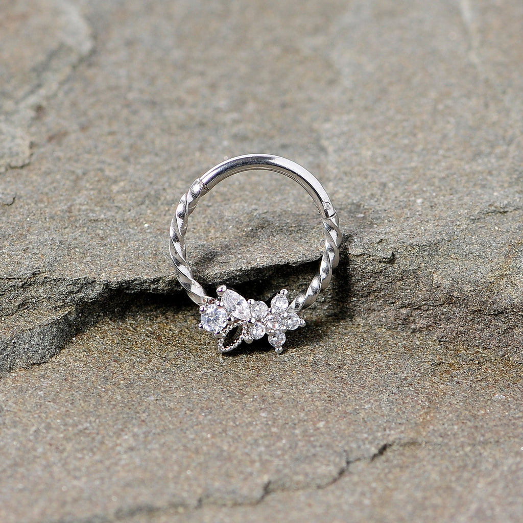 16G 3/8 Clear Gem Star Twisted Hinged Segment Ring
