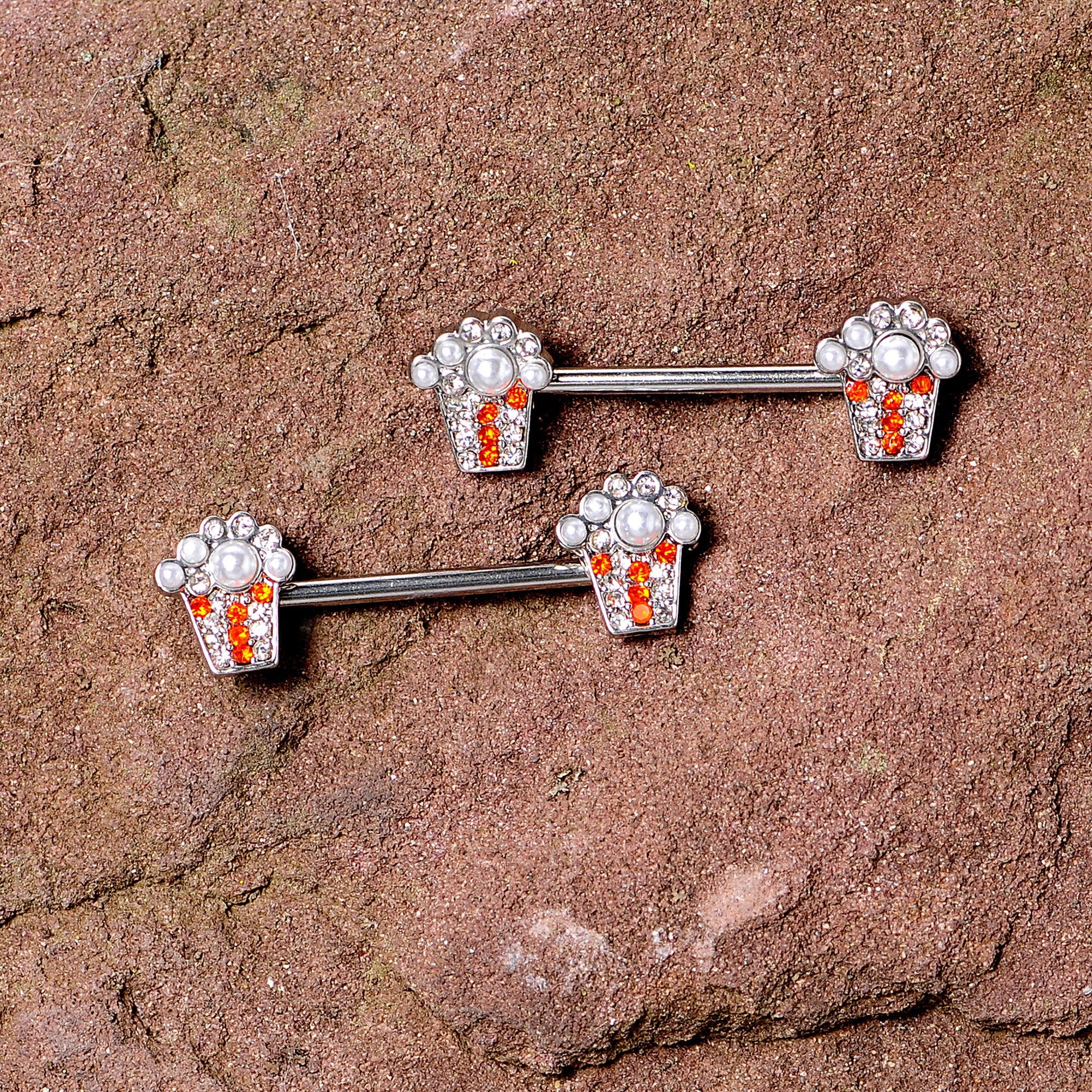 14G 9/16 White Orb Movie Night Popcorn Barbell Nipple Ring Set