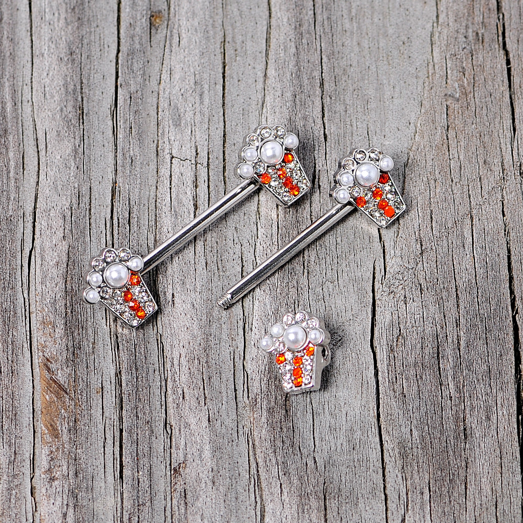 14G 9/16 White Orb Movie Night Popcorn Barbell Nipple Ring Set