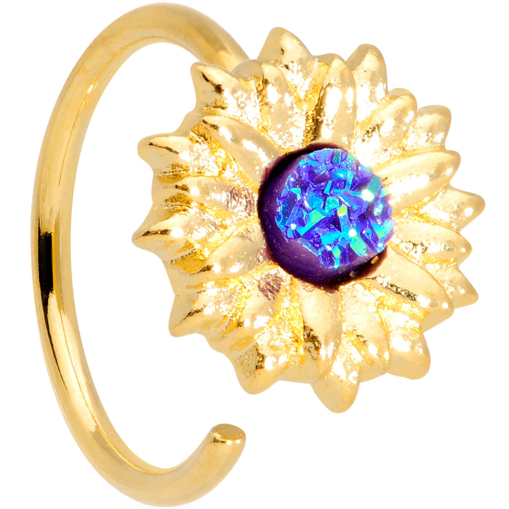 18G 3/8 Gold Tone Blue Center Sunflower Nose Hoop