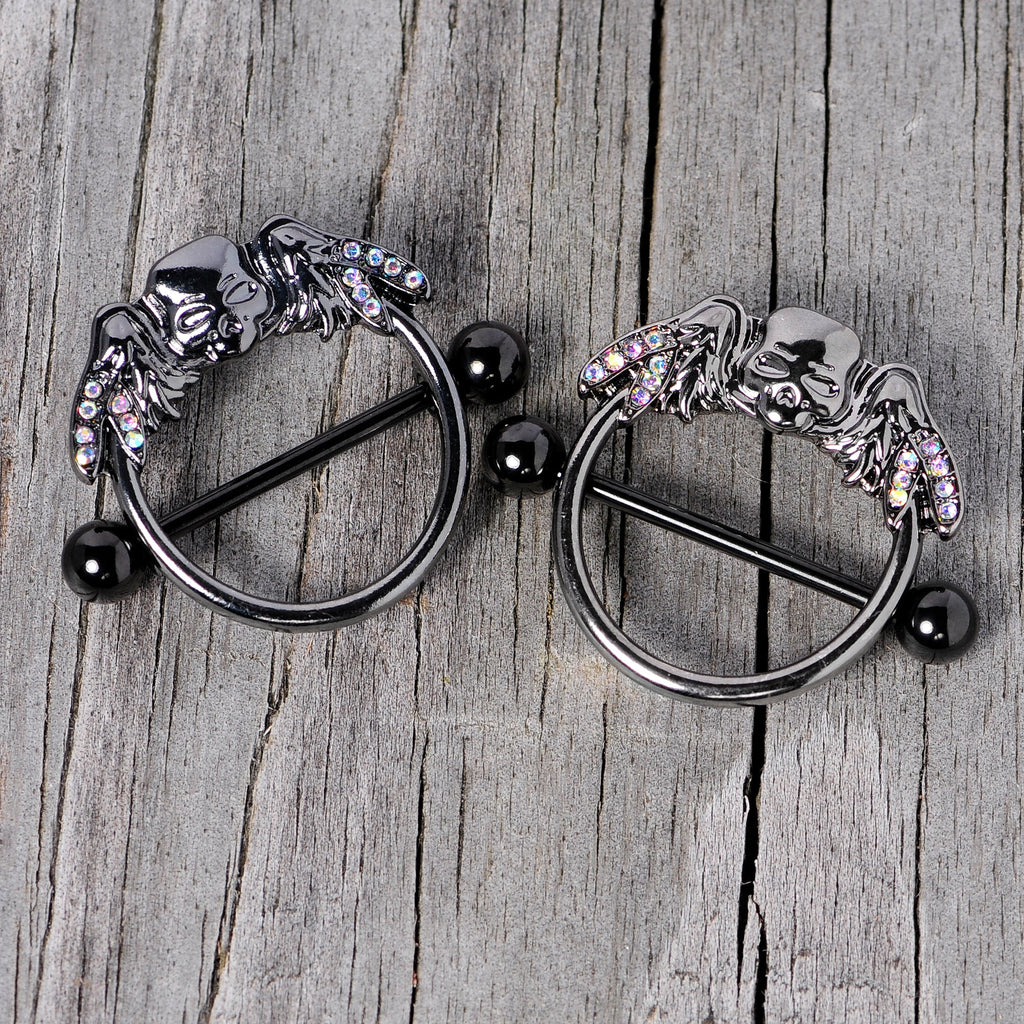 14G 7/8 Aurora Gem Black Winged Skull Halloween Nipple Shield Set