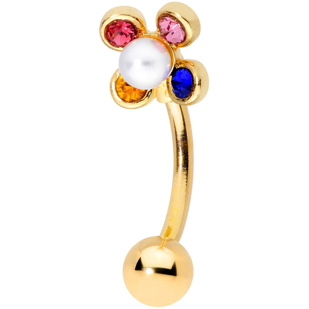 16G 5/16 Pink Blue Gem Gold Tone Flower Curved Eyebrow Ring