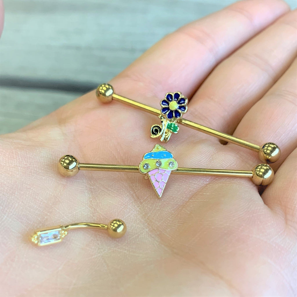 14G Gold Tone Blue Green Snail Flower Industrial Barbell 38mm