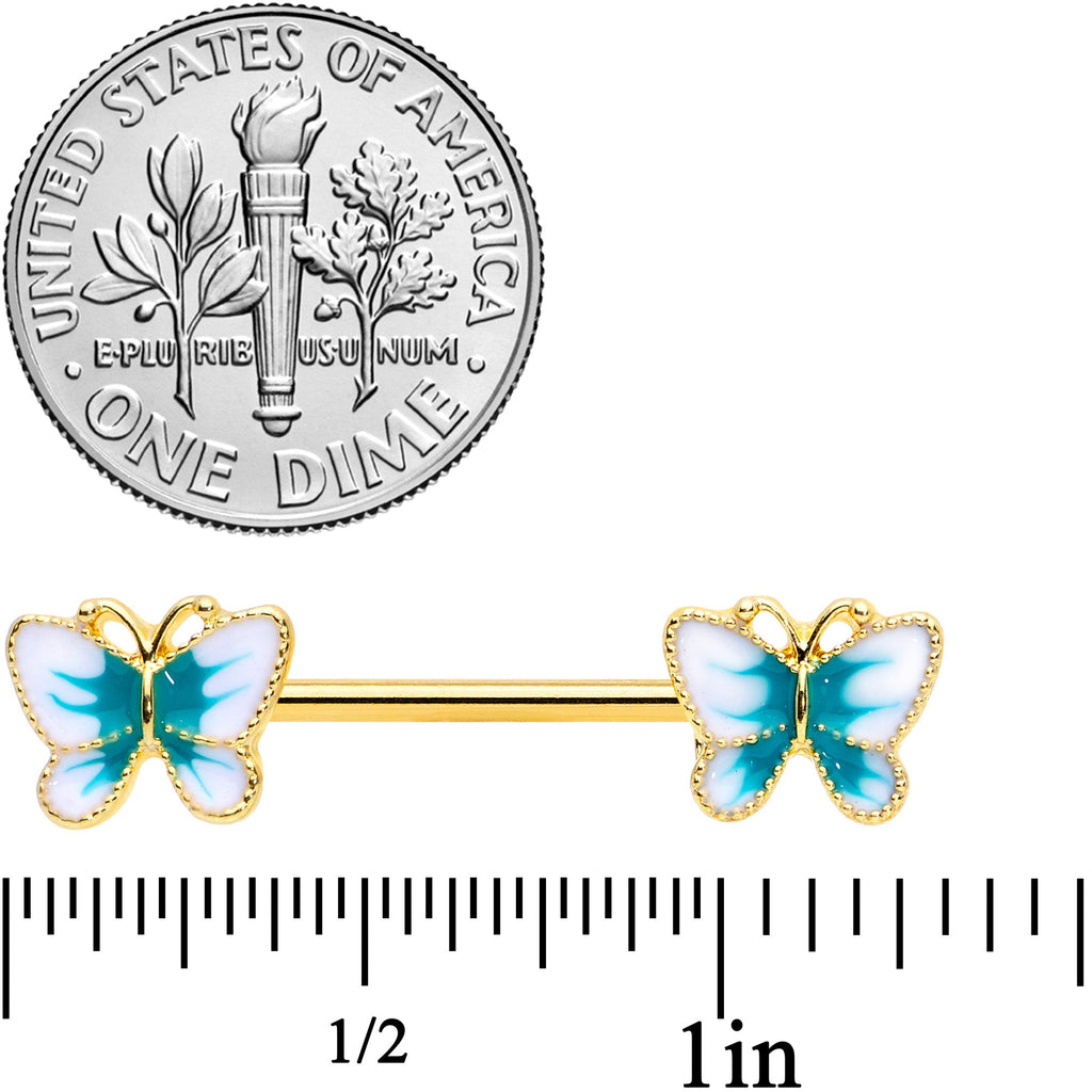 14G 9/16 Gold Tone White Green Butterfly Barbell Nipple Set