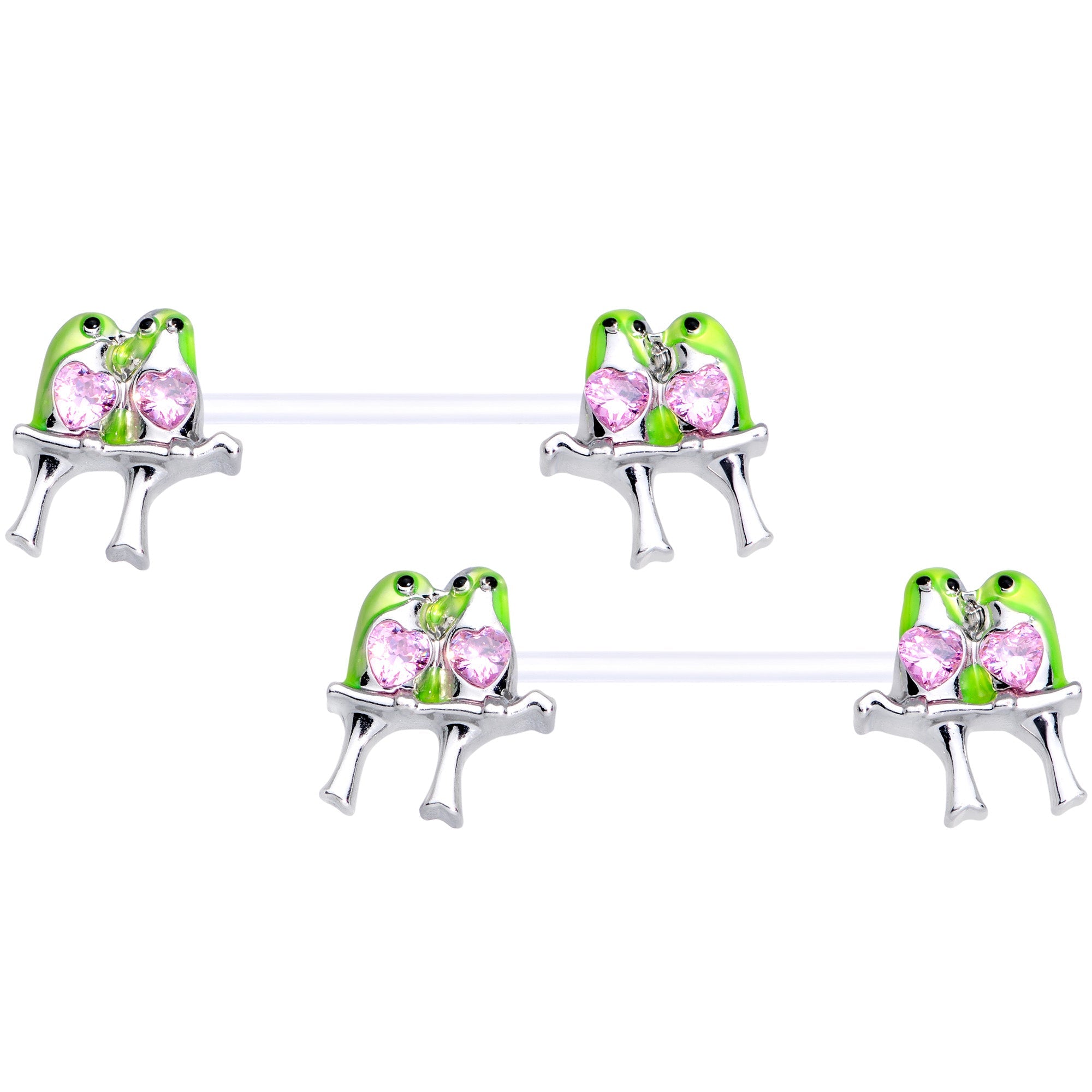 14G 9/16 Pink Gem Bioplast Green Lovebirds Barbell Nipple Ring Set