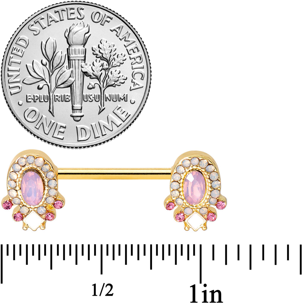 14G 9/16 Pink Gem White Faux Opal Gold Tone Barbell Nipple Set