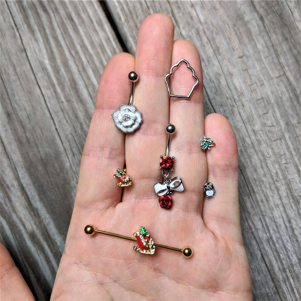 14G Clear Gem Gold Tone Sleigh Christmas Industrial Barbell 38mm